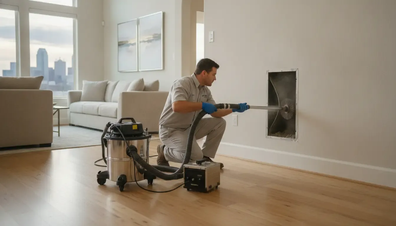 Technician using professional duct cleaning equipment at a residential return-air opening in Dallas-Fort Worth