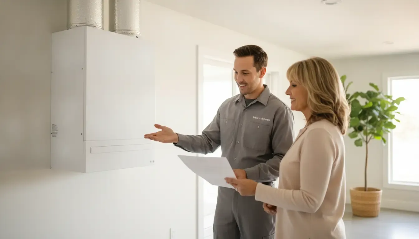 DFW homeowner reviewing a duct cleaning service scope with an HVAC technician