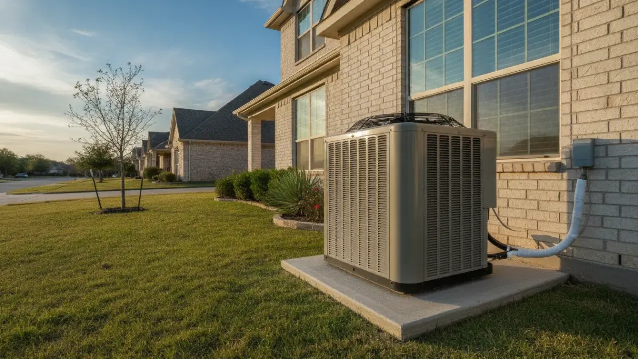 Unbranded high-efficiency HVAC condenser at a Texas home