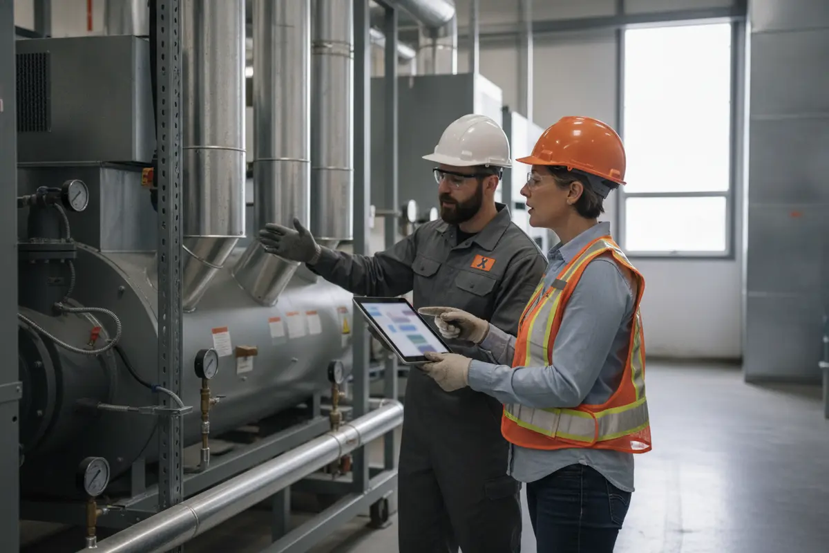 Facilities manager reviewing an HVAC maintenance checklist with a technician
