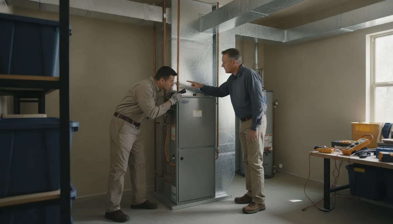 HVAC technician reviewing furnace equipment and ductwork