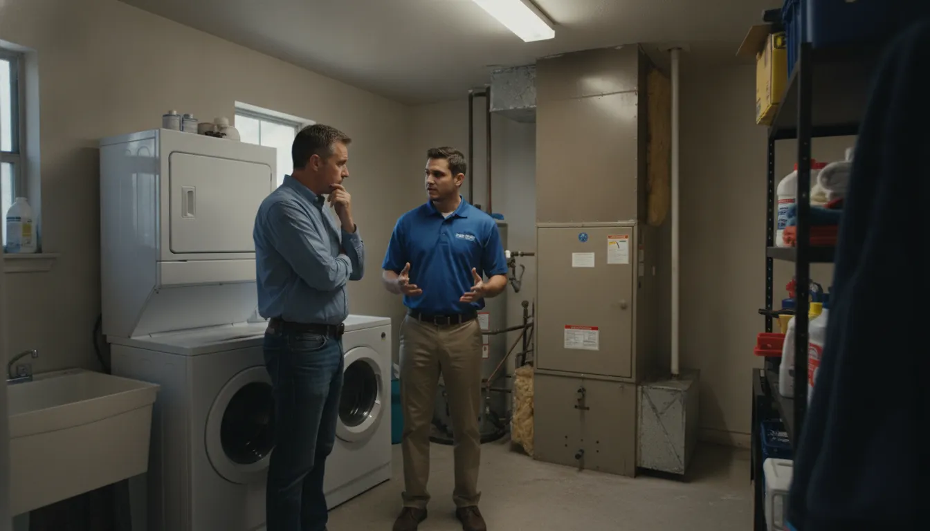 HVAC technician discussing repair or replacement of an older furnace
