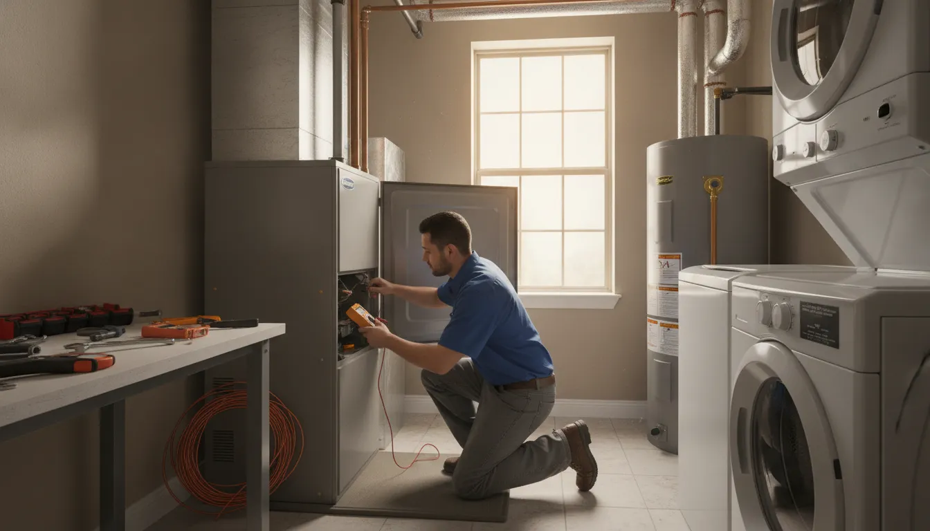 HVAC technician installing a replacement furnace in a residential utility space