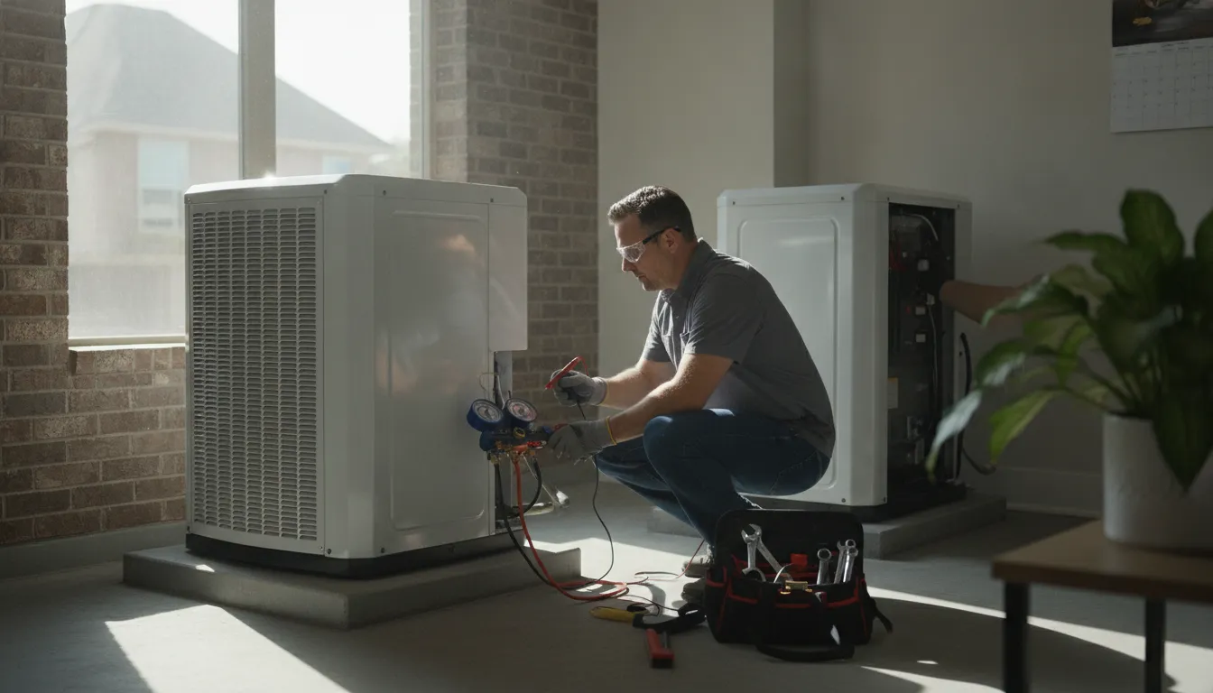 Technician inspecting indoor HVAC equipment