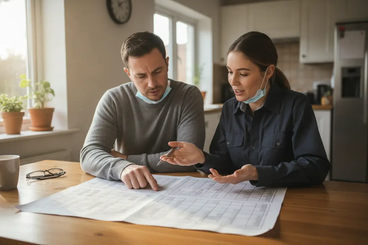 Homeowner and HVAC professional reviewing an HVAC replacement estimate