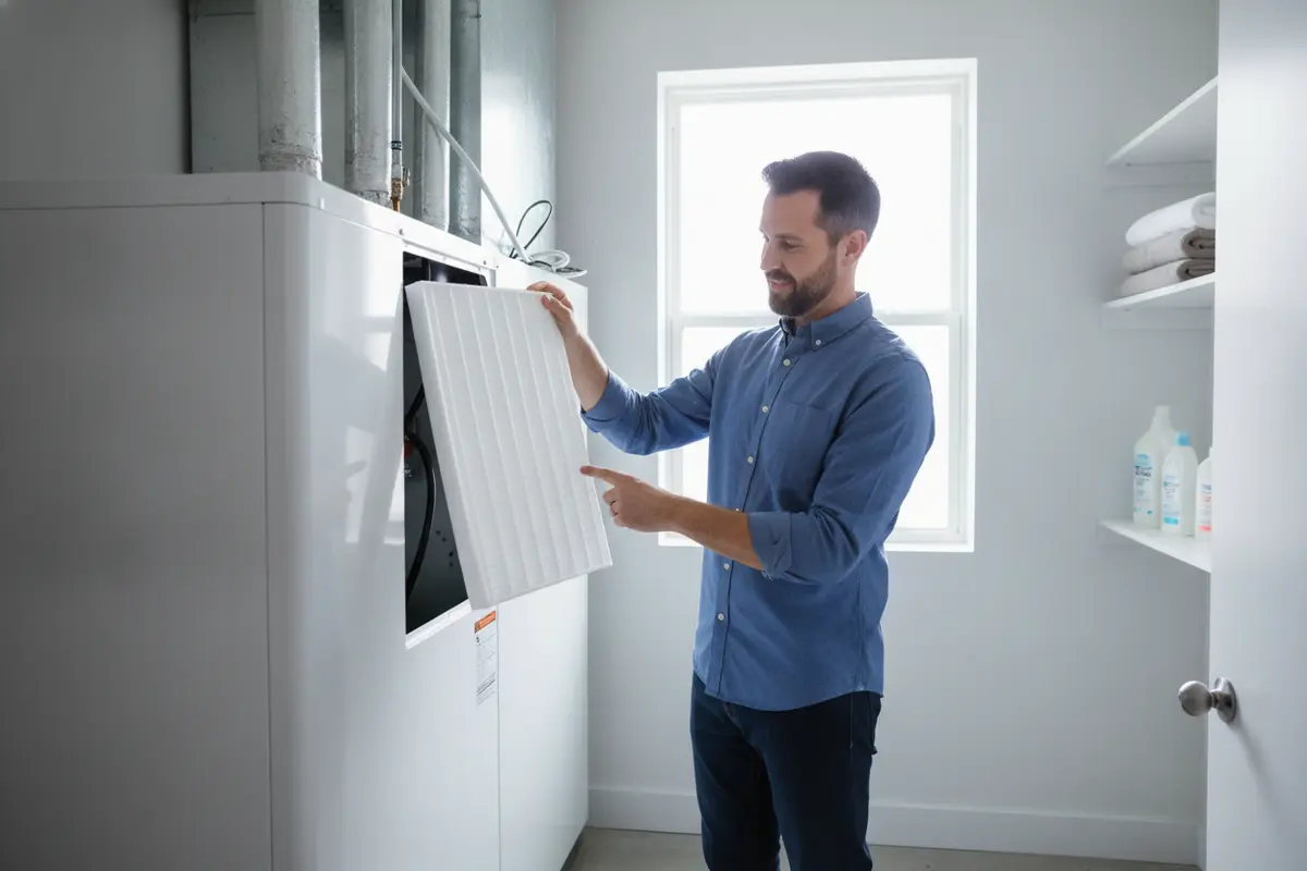 Homeowner checking the air filter near an indoor central air conditioning unit