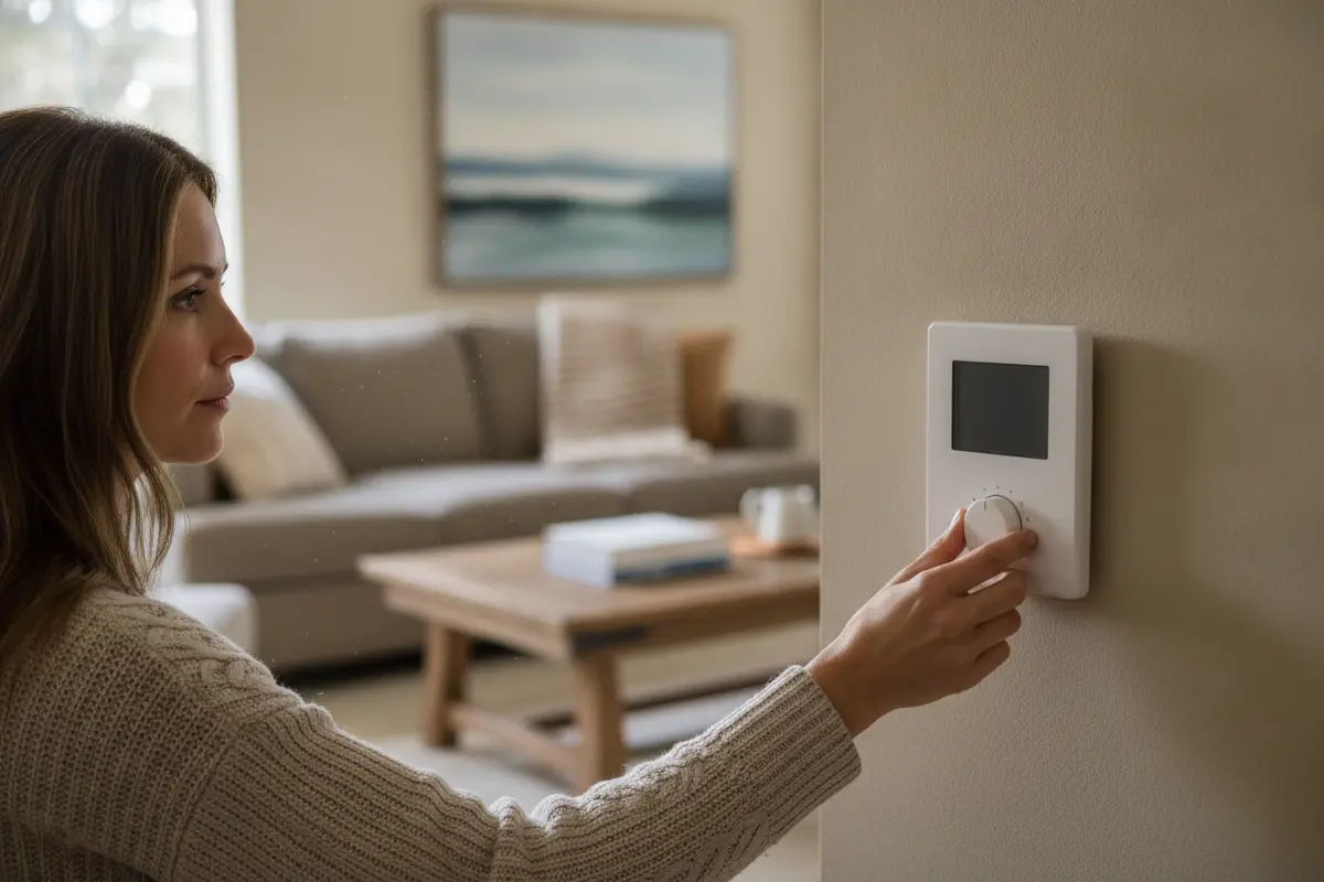 Homeowner checking the thermostat before troubleshooting a heat pump
