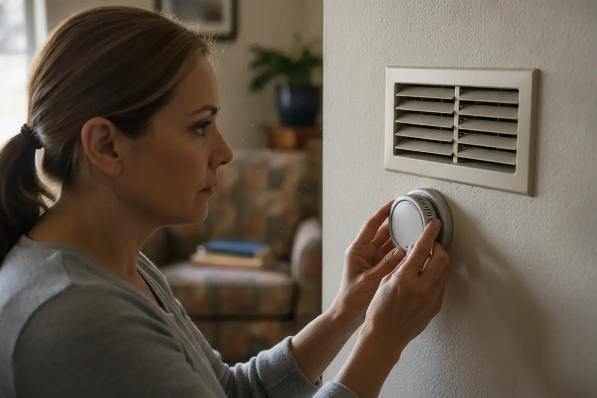 Homeowner checking the thermostat setting while troubleshooting a central air conditioner