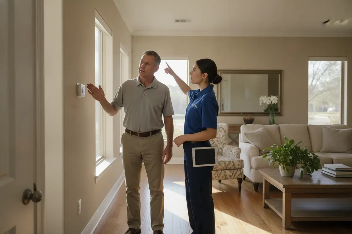 Homeowner discussing cooling comfort and air conditioner options with an HVAC technician