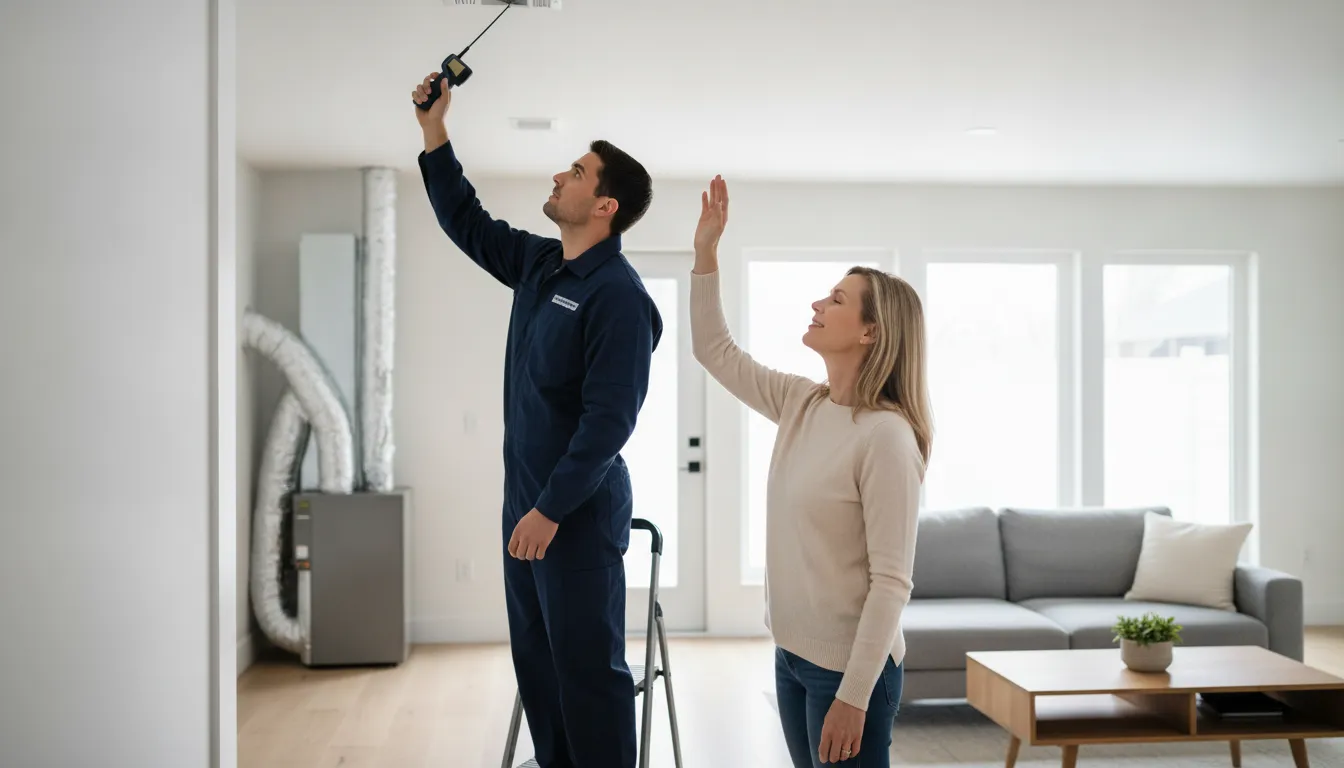 HVAC technician checking airflow in a DFW home