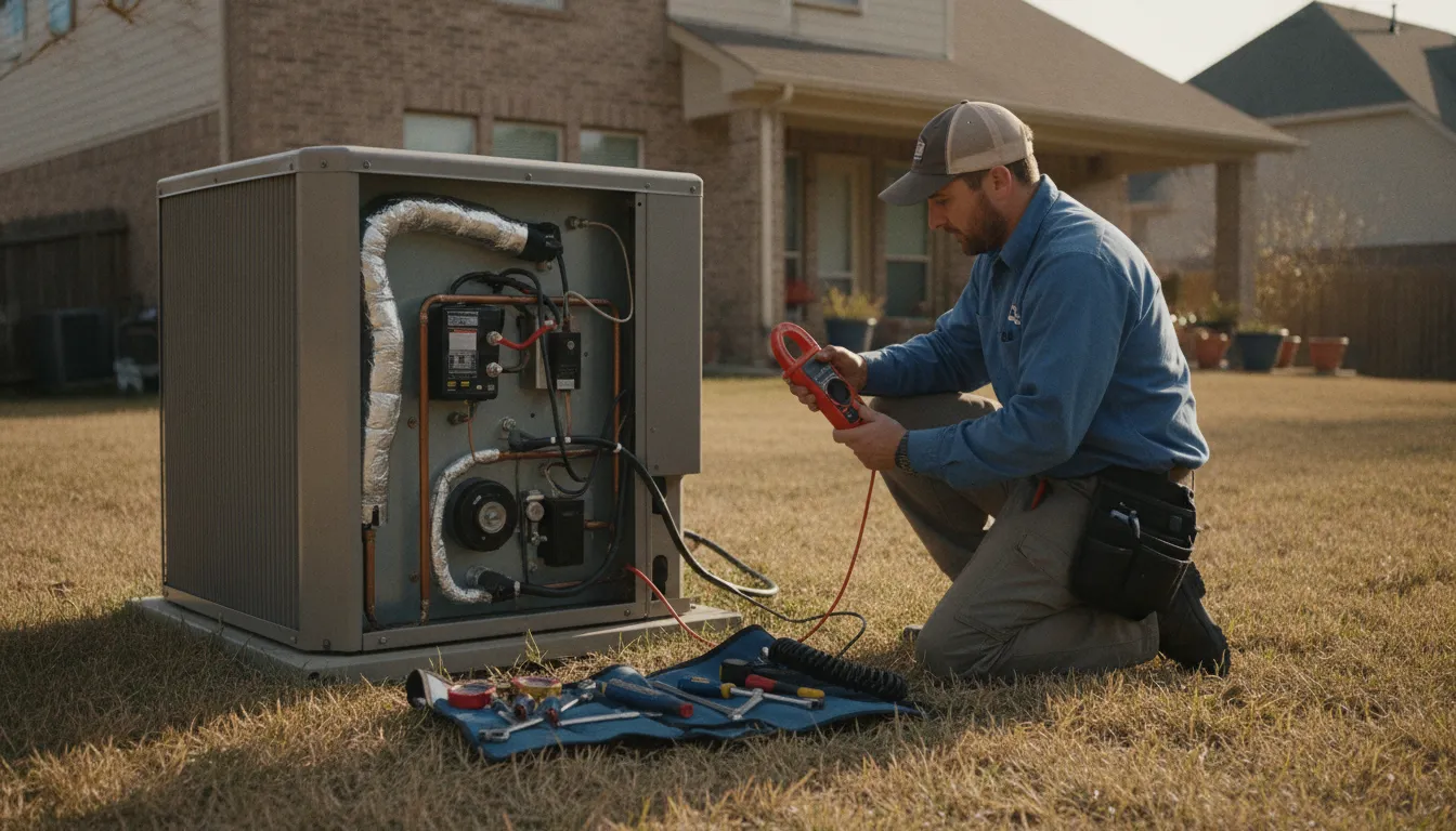 HVAC technician diagnosing an outdoor residential heat pump