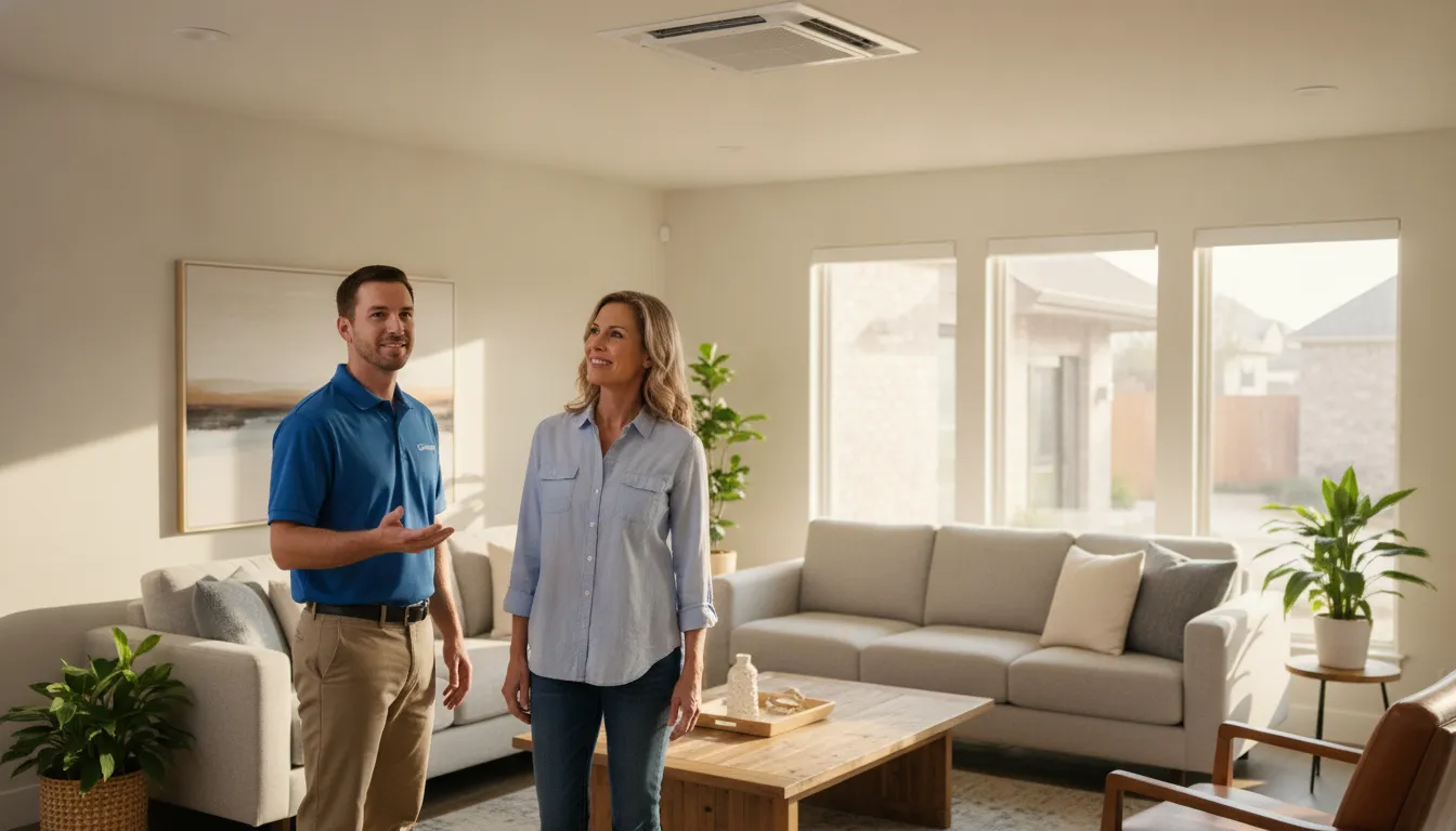 Homeowner discussing HVAC comfort improvements in a DFW living room