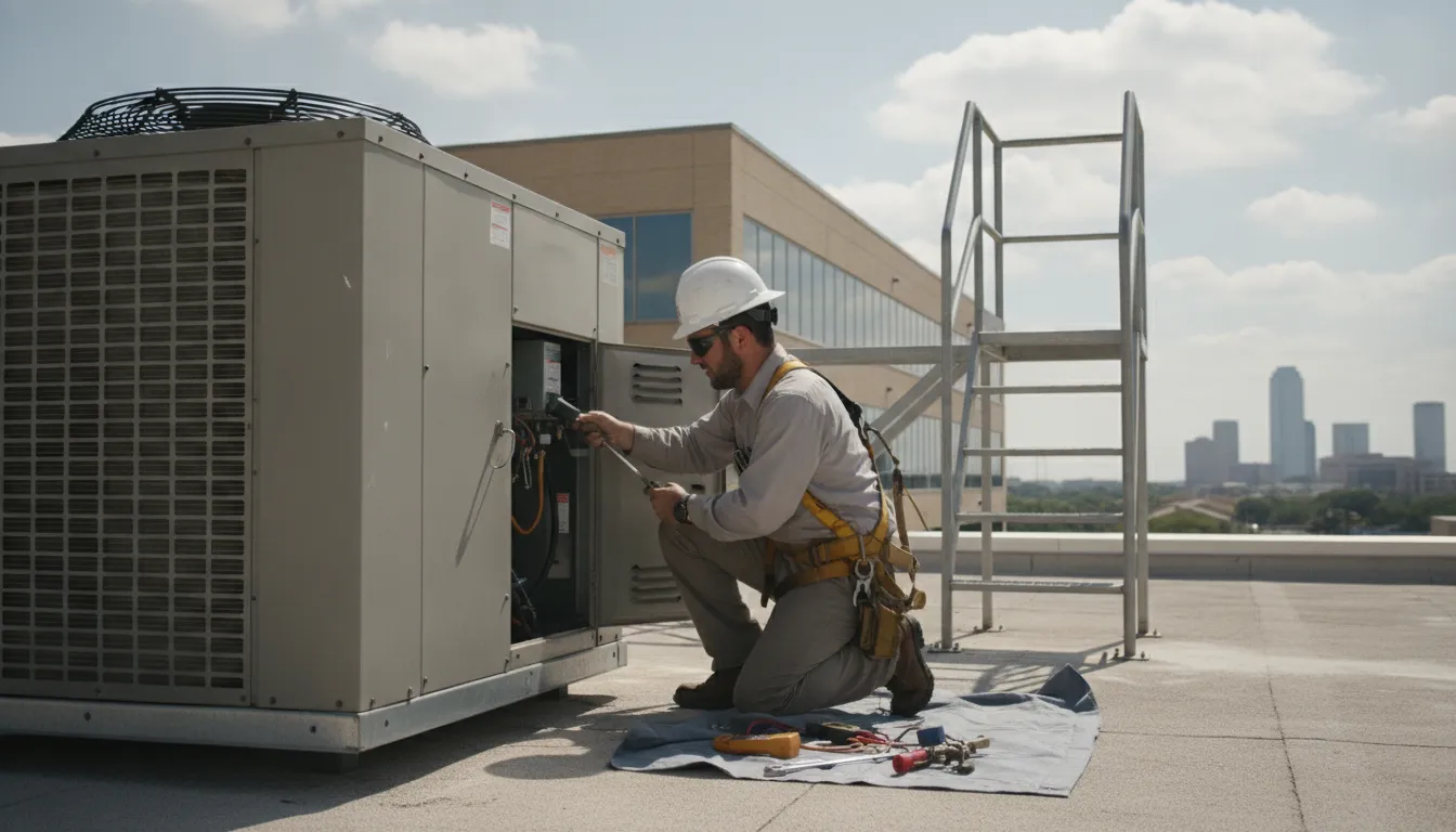 Technician inspecting a commercial rooftop HVAC unit in DFW