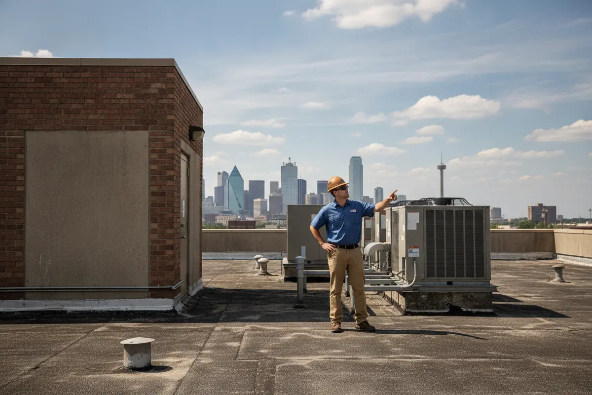 HVAC professional examining rooftop unit placement and roof access on a commercial building