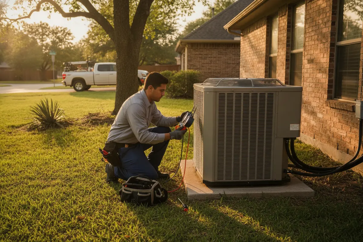 HVAC professional reviewing an outdoor air conditioner and nearby home equipment