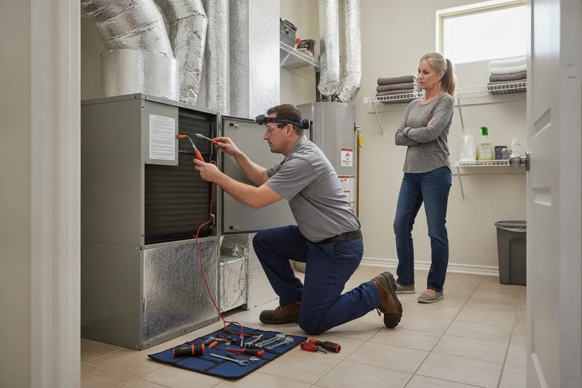 HVAC technician checking an indoor air handler and duct connection during an AC installation assessment