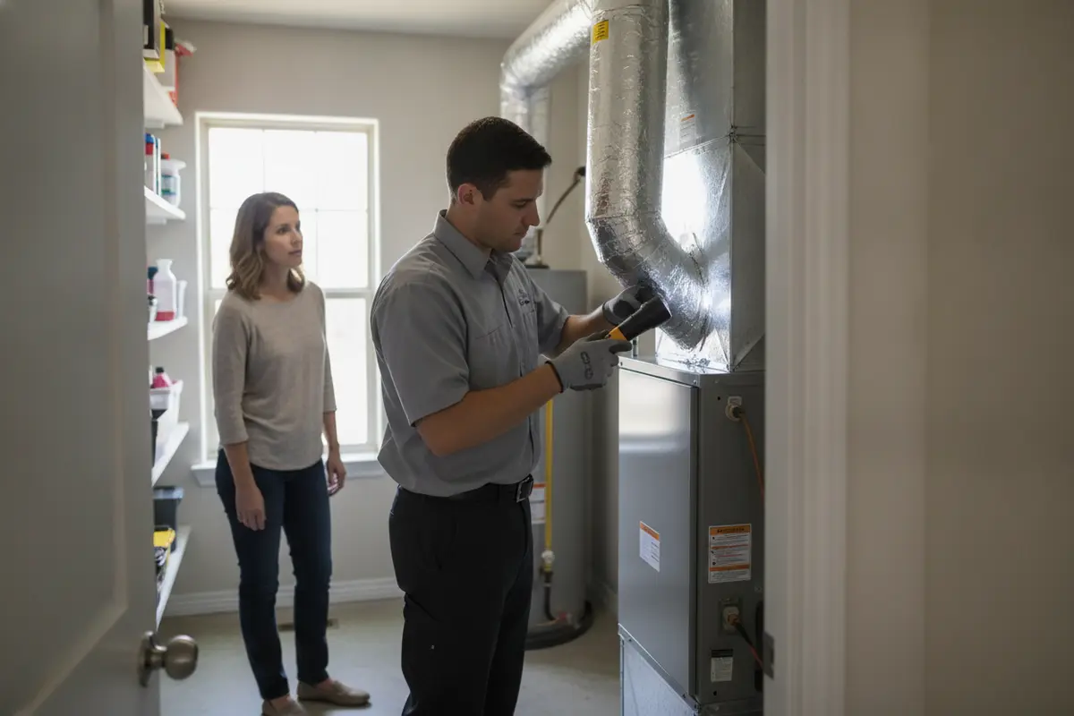 HVAC technician examining indoor equipment and duct connections during a home evaluation