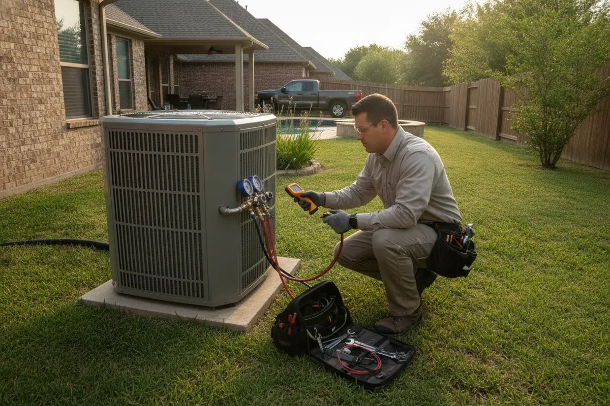 HVAC technician inspecting an outdoor heat pump during a service visit