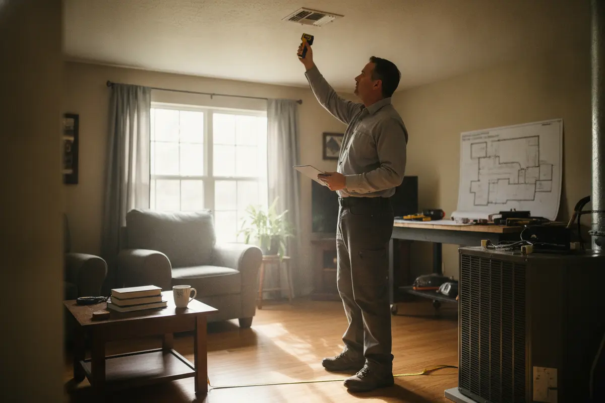 HVAC technician measuring a home's interior to plan an air conditioning replacement