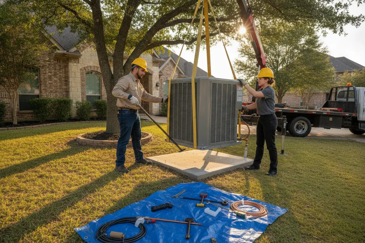 HVAC technicians positioning a new air conditioning unit during a residential replacement