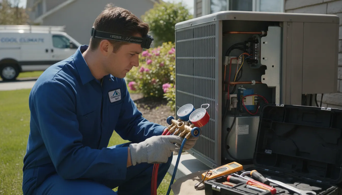 HVAC technician with tools inspecting an outdoor air conditioning condenser unit at a DFW home