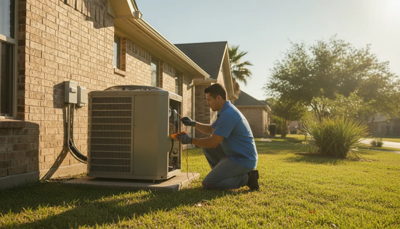 HVAC technician inspecting an air conditioning condenser unit outside a Texas home on a hot summer day