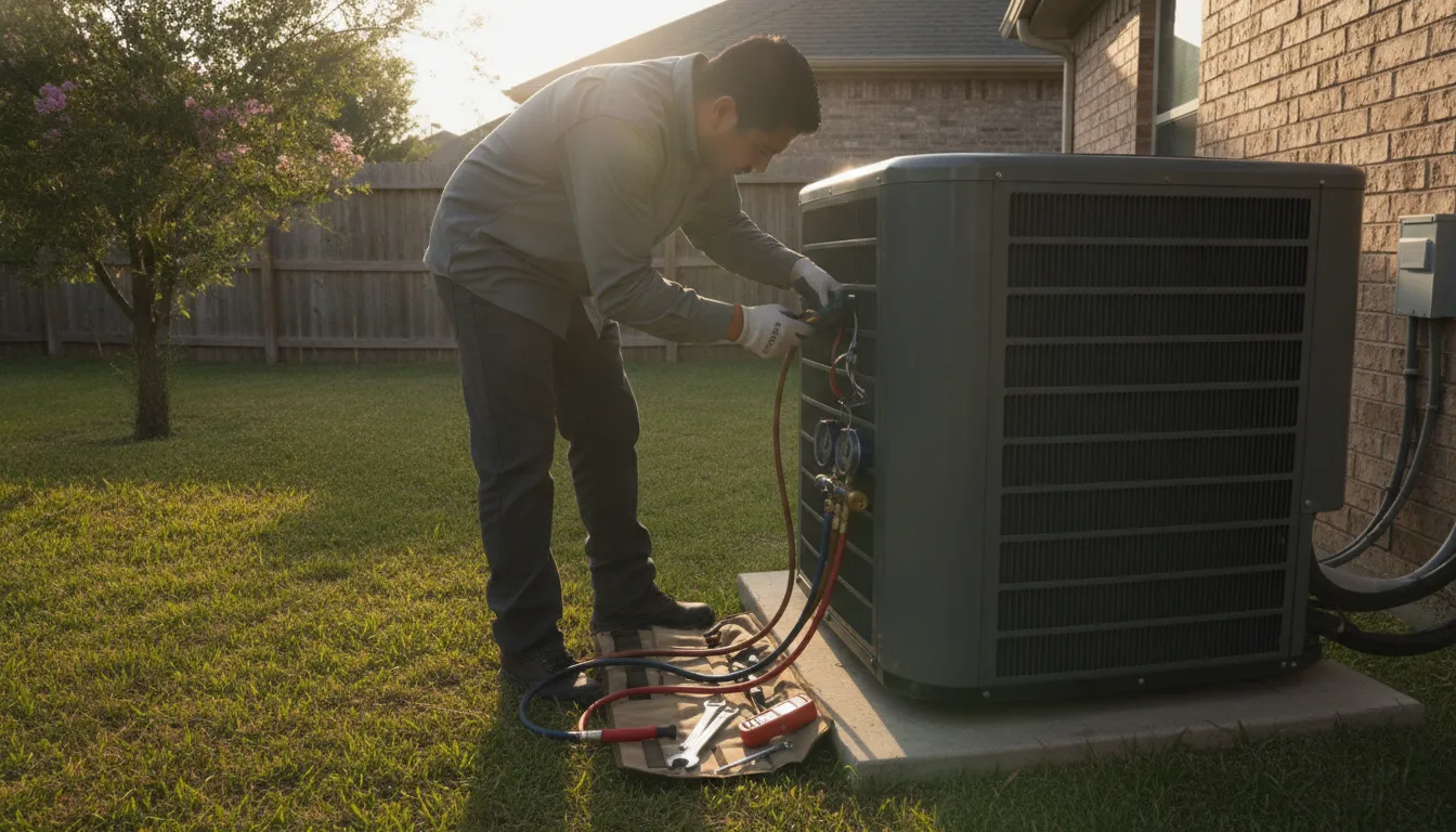 HVAC technician inspecting a Carrier air conditioner at a DFW home