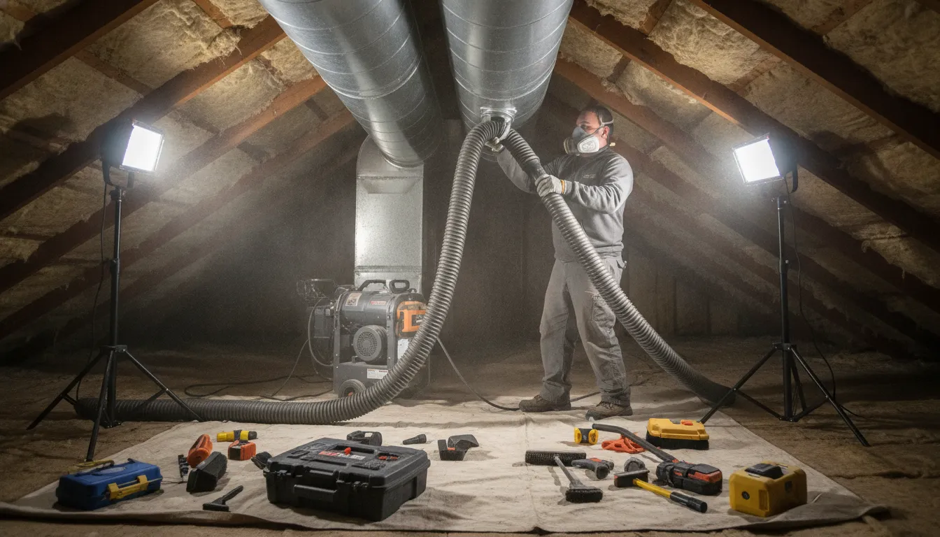 HVAC technician connecting a truck-mounted vacuum hose to ductwork in a residential attic during professional duct cleaning