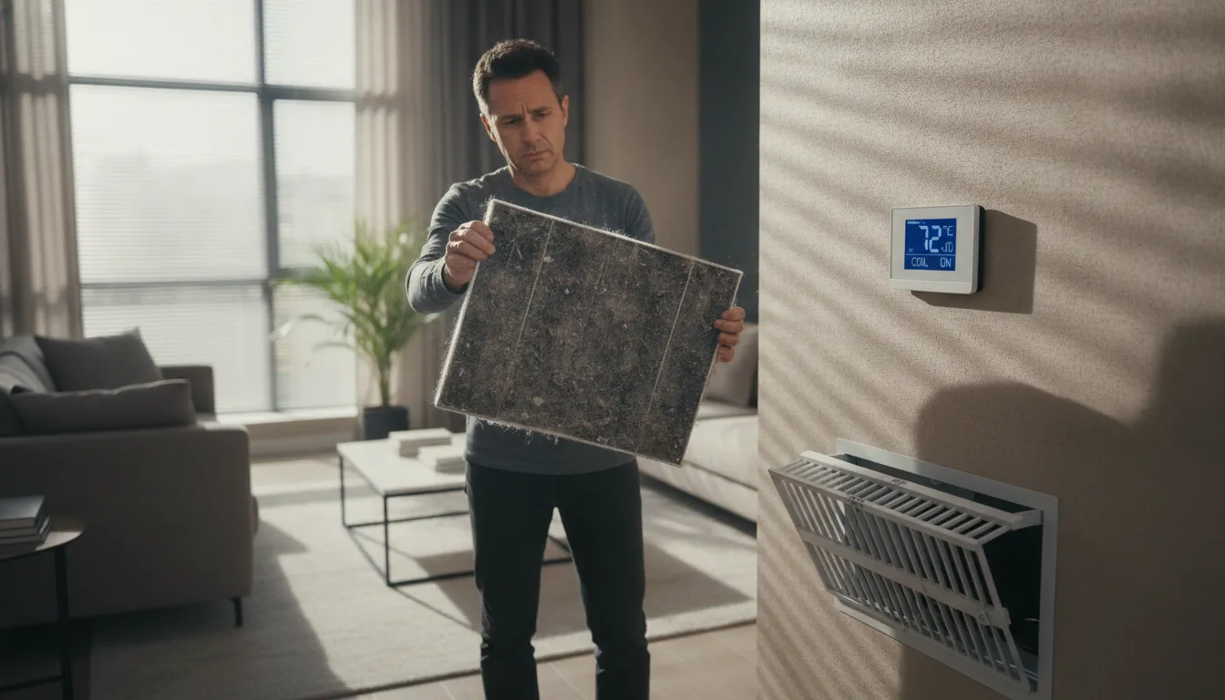 Homeowner checking a dirty AC air filter near a thermostat in a warm living room