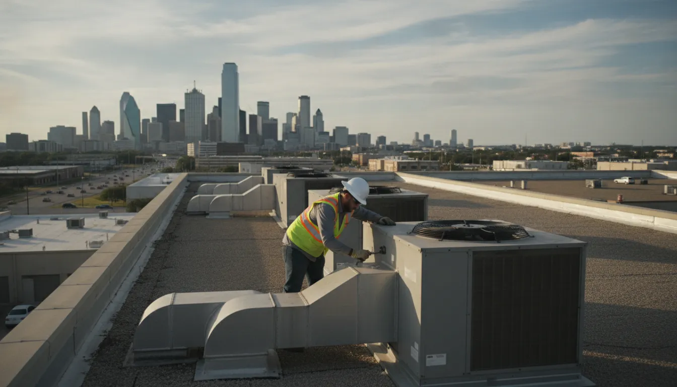 Technician inspecting commercial HVAC equipment at a DFW business