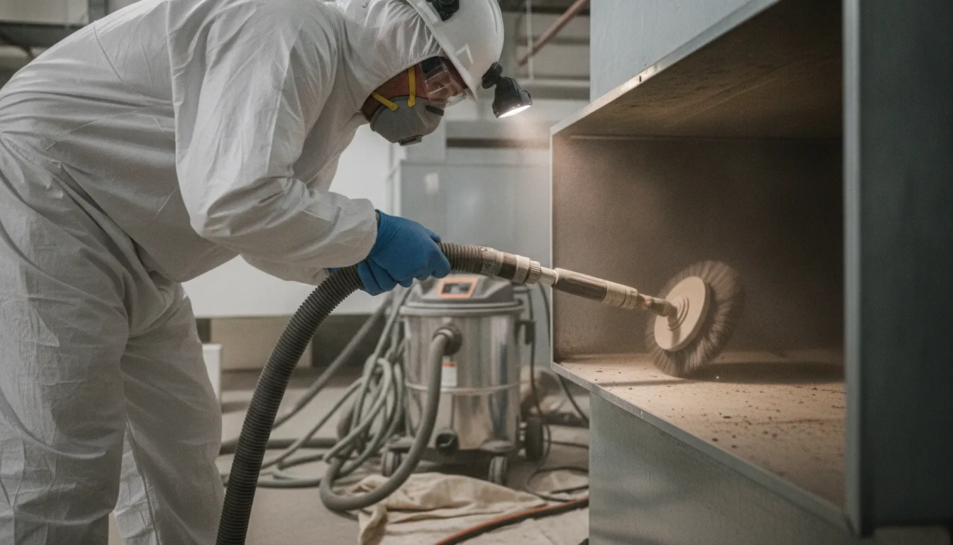HVAC technician using a rotating brush cleaning tool inside an air duct during professional duct cleaning