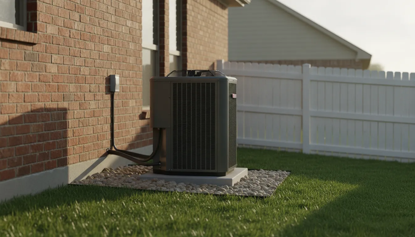 Modern outdoor AC condensing unit beside a home