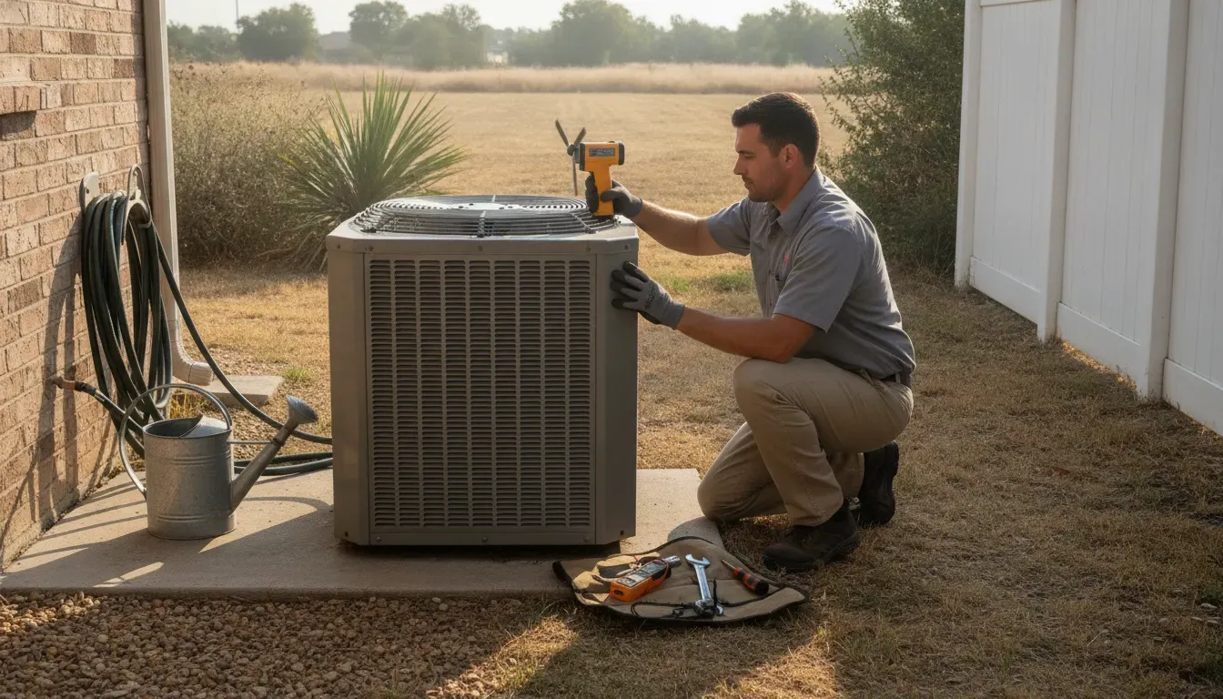 HVAC technician checking a residential AC condenser during a North Texas summer