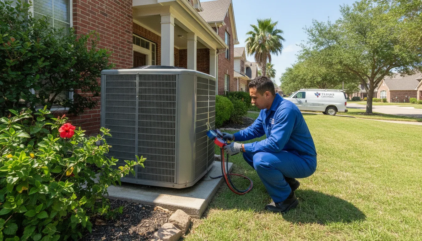 HVAC technician inspecting an outdoor air conditioning unit at a Texas home during summer