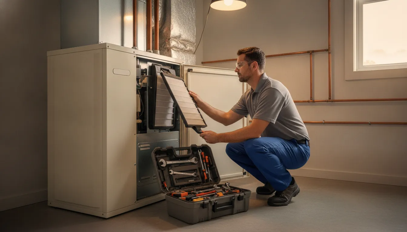 Technician working with a clean indoor air handler for a Dallas Fort Worth home