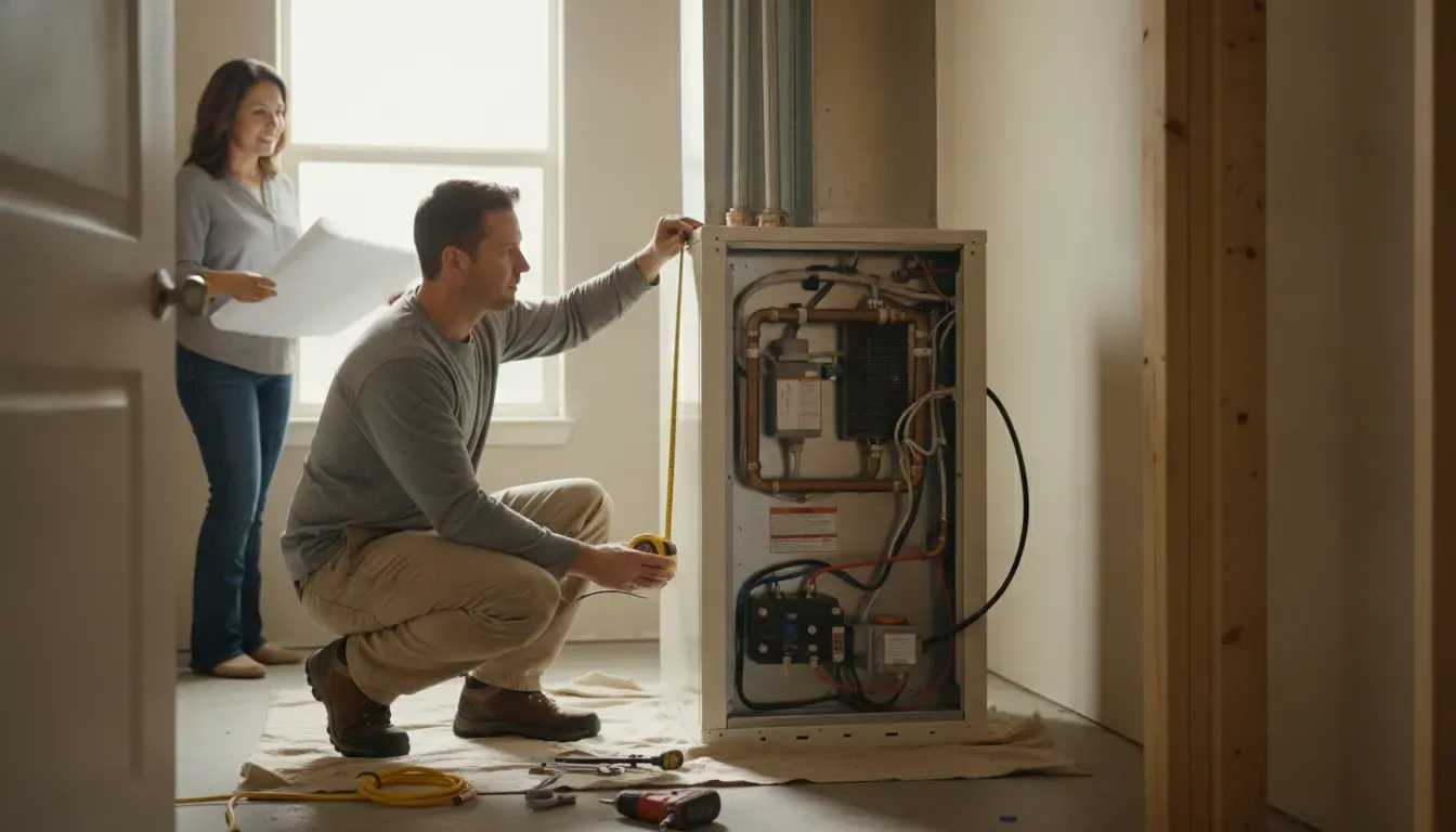 HVAC technician evaluating furnace space and ductwork during a DFW home assessment