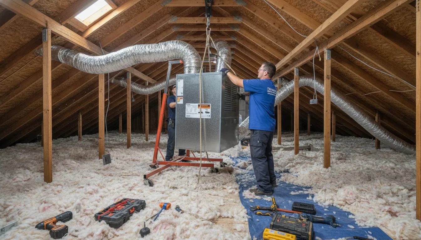 Certified HVAC technician installing a new air handler unit in a DFW home attic with visible ductwork connections