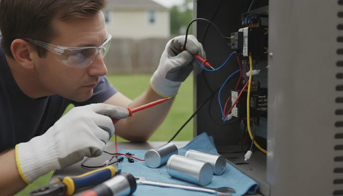 Technician inspecting an air conditioner capacitor