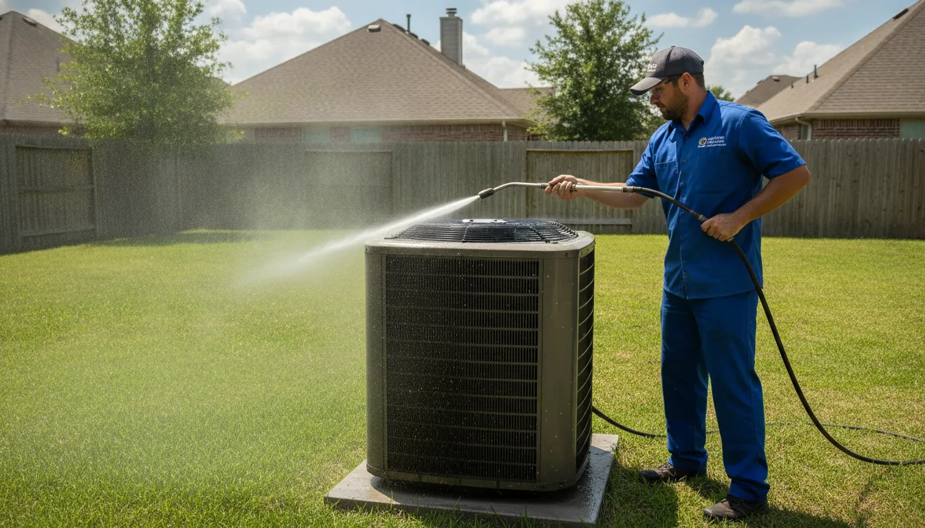 HVAC technician cleaning outdoor condenser unit coils in a Texas residential backyard