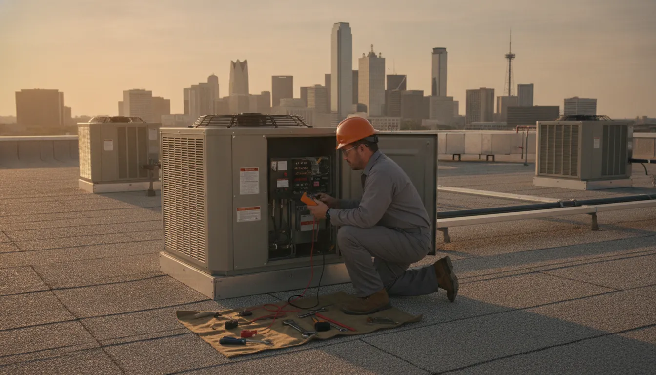 Technician maintaining commercial HVAC equipment in DFW