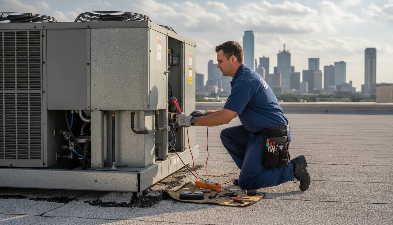 Technician inspecting commercial rooftop HVAC equipment