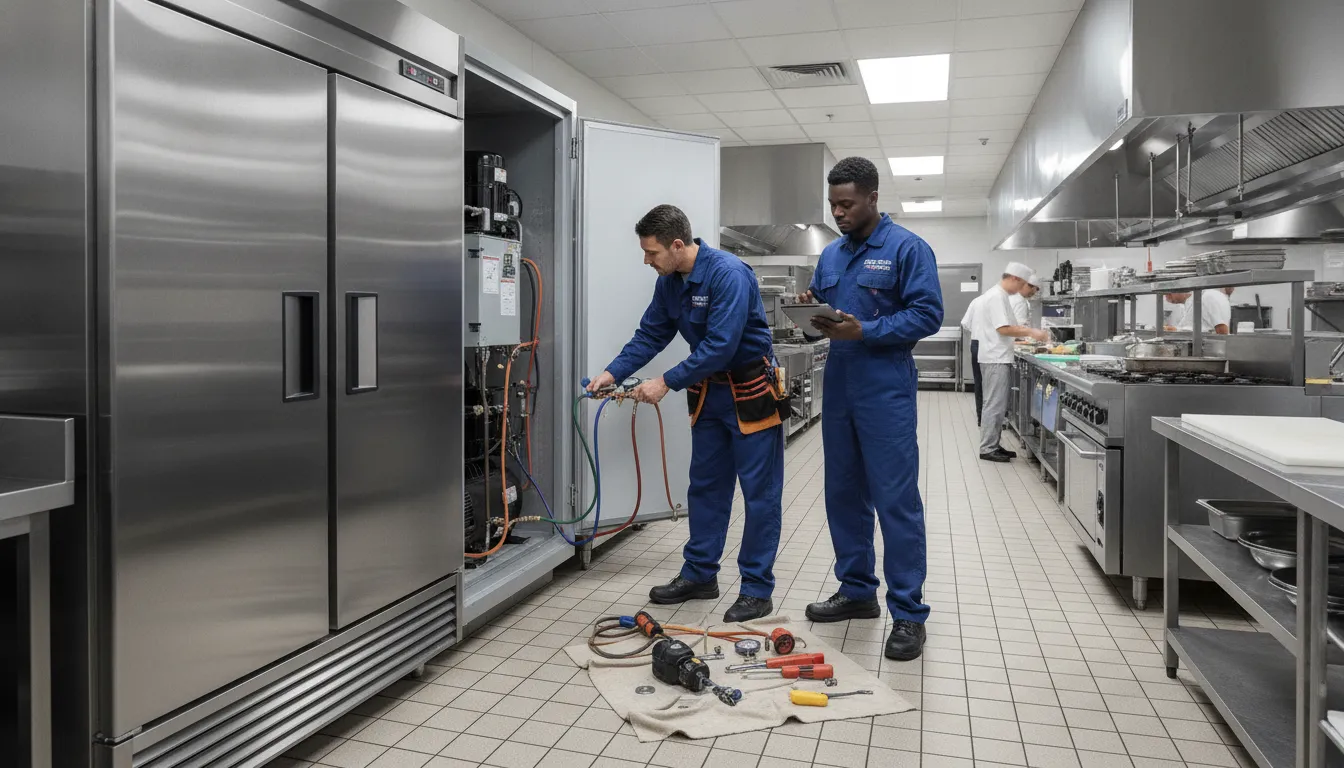 Commercial refrigeration system installation with HVAC technician inspecting equipment in a restaurant kitchen