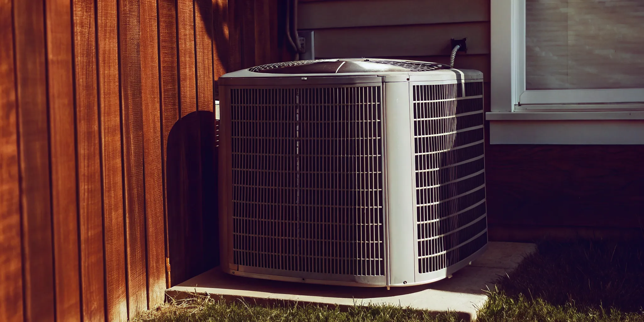 Central air conditioner condenser unit installed outside a Texas home with landscaping
