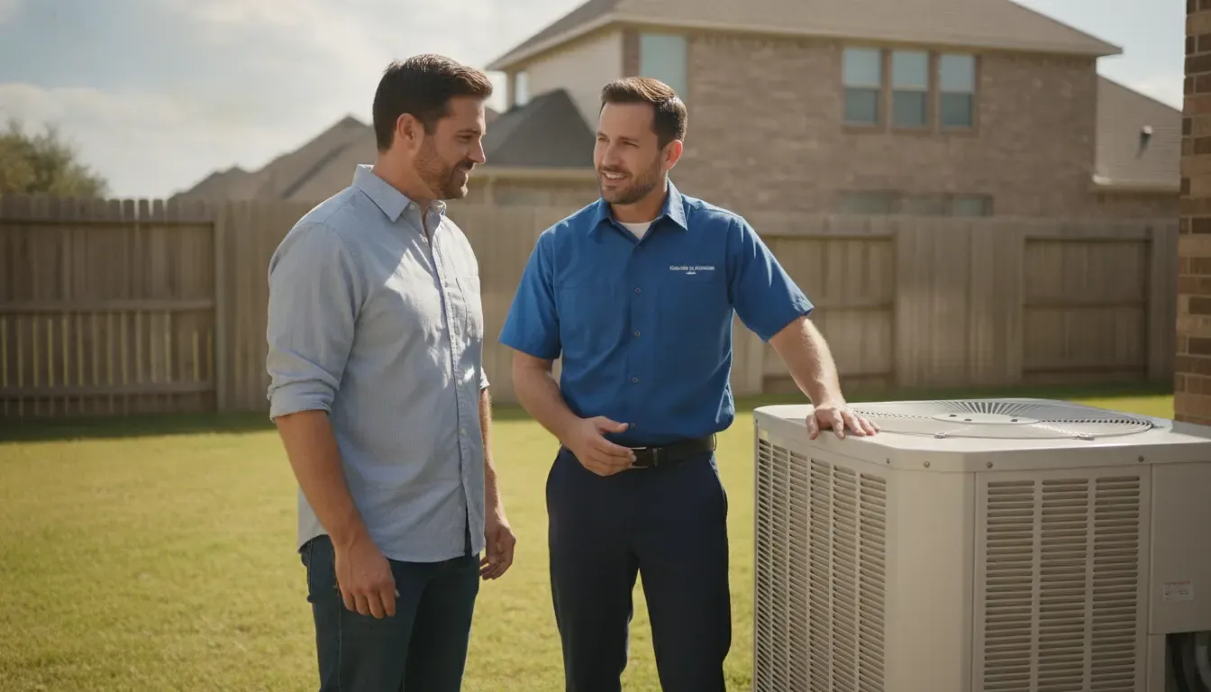 Homeowner discussing an AC repair or replacement decision with an HVAC technician