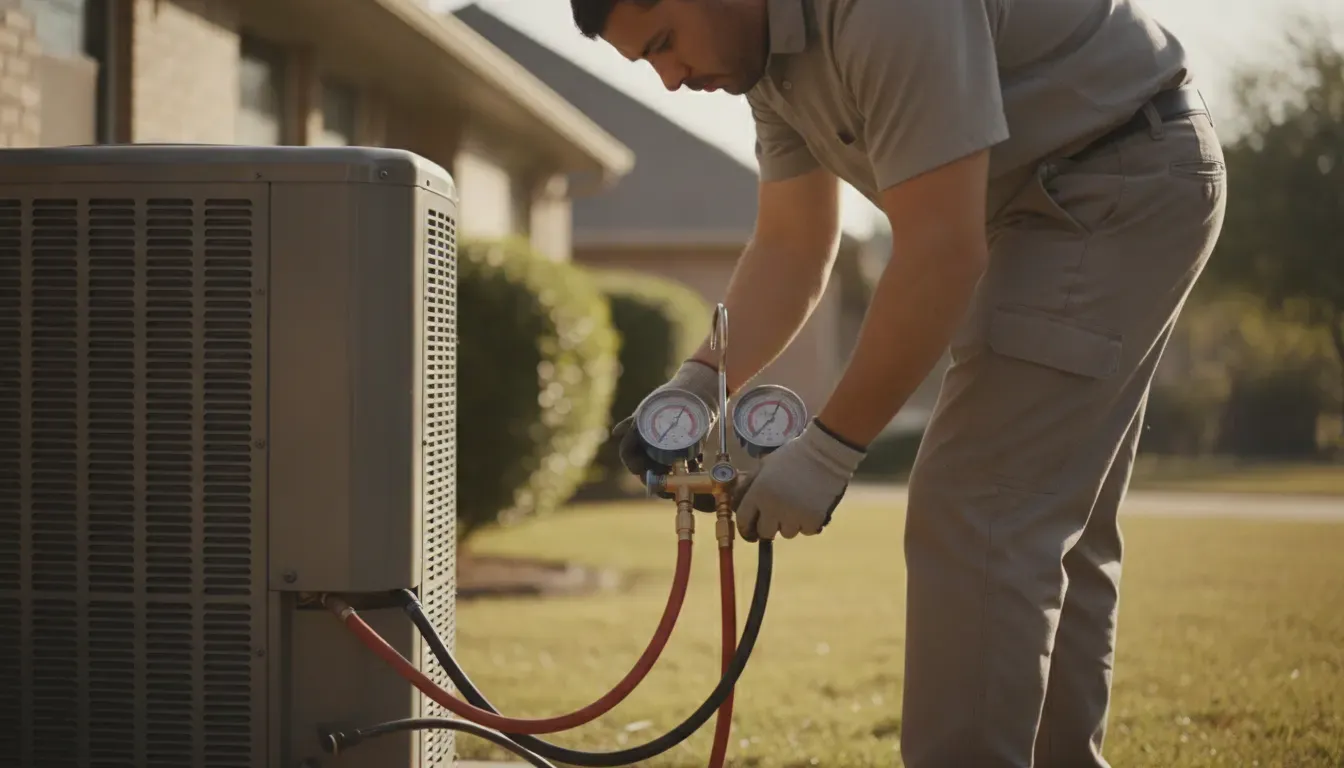 Technician checking an outdoor AC compressor and refrigerant lines during diagnosis