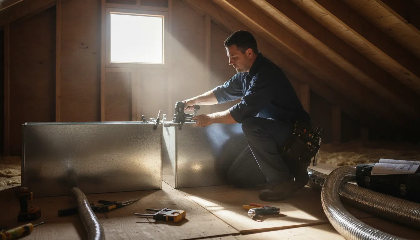 Technician sealing metal ductwork panels during a residential HVAC installation