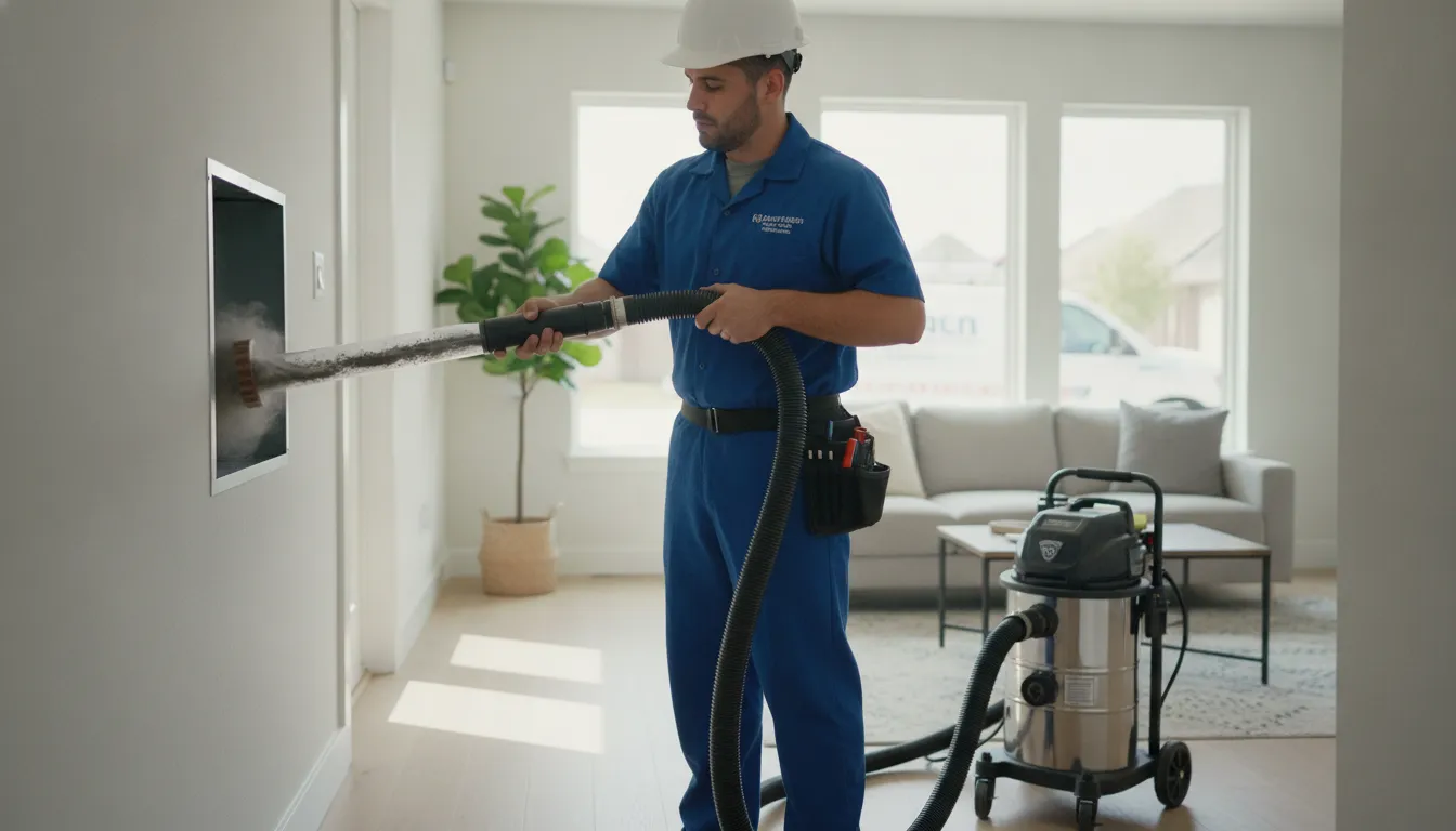 HVAC technician inspecting ductwork for dust and debris buildup inside a residential home