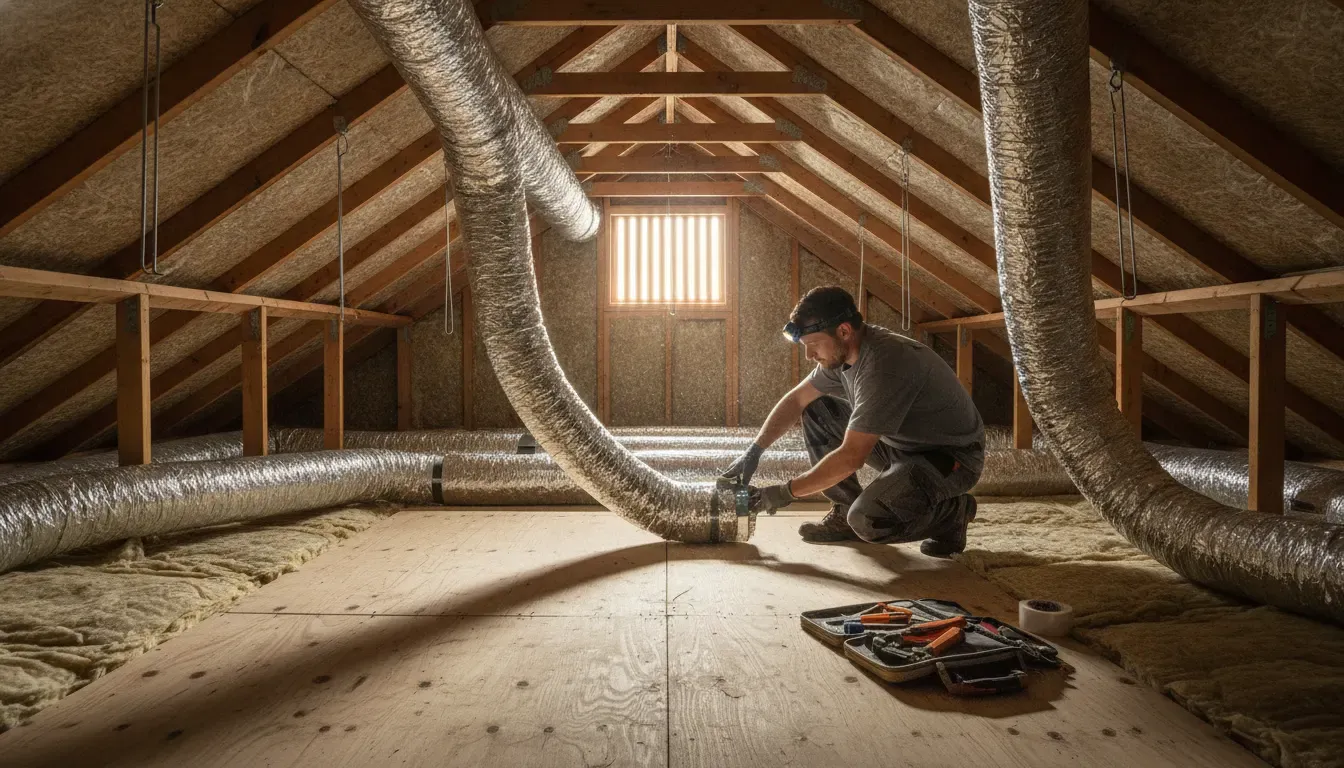 Technician inspecting insulated HVAC ductwork in a residential attic