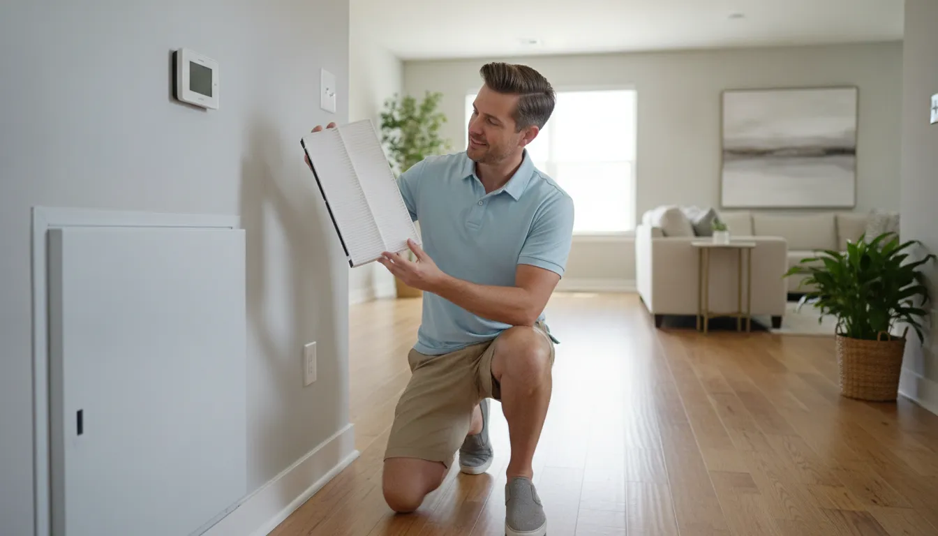 Homeowner checking a clean HVAC filter beside a thermostat