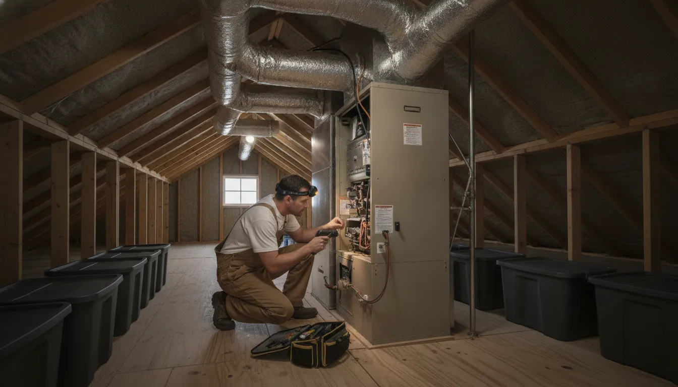 Technician inspecting a residential furnace during a heating service visit